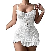 Foxiny Sexy Mini Bows Ruffle Cutout Floral Lace Sheer Babydoll Lingerie Dress with Thong 2 Piece