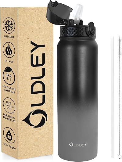 OLDLEY 1L Stainless Steel Water Bottle with Straw Lid Vacuum Insulated Black