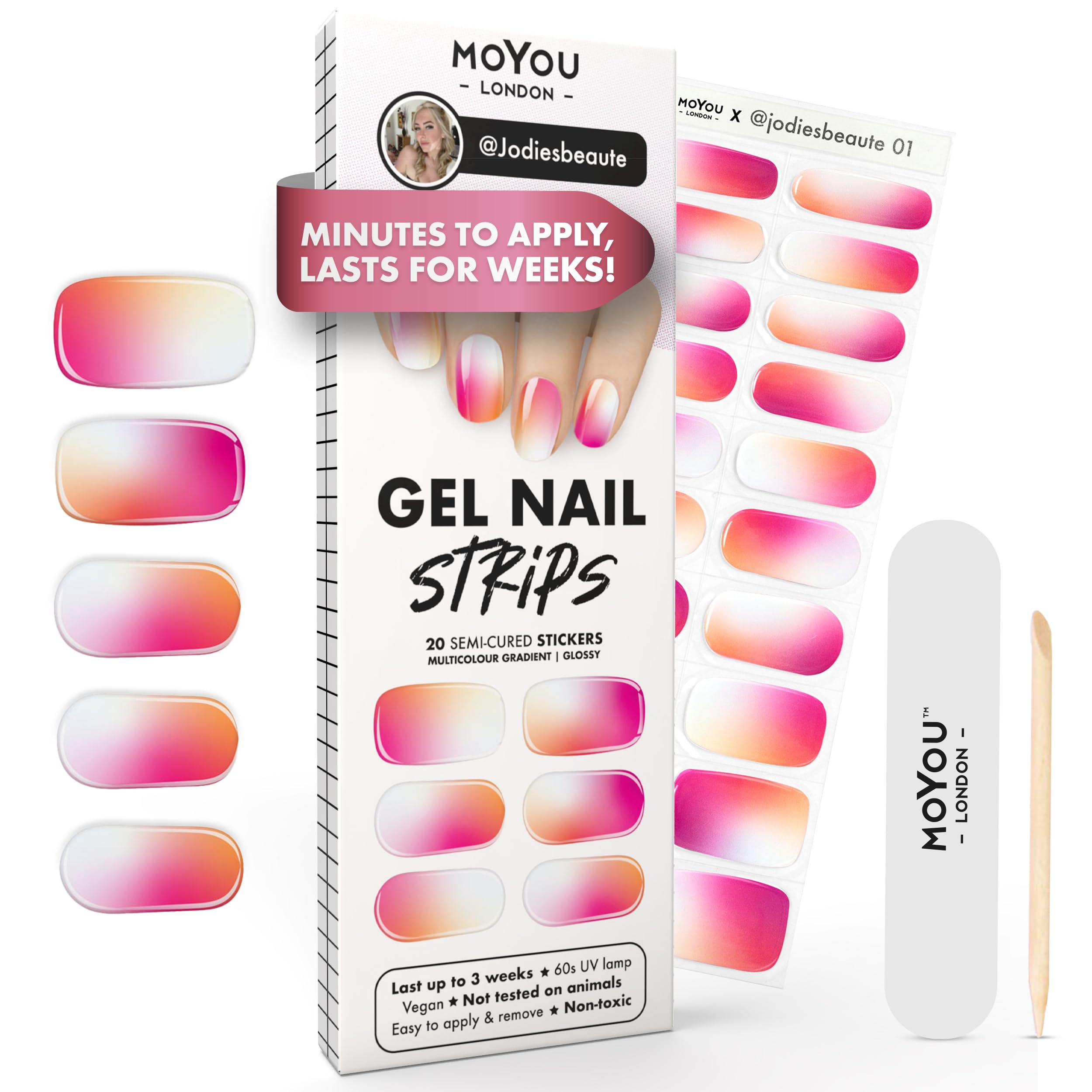 MOYOU LONDON Semi Cured Gel Nail Strips - 20 Pcs. Waterproof Gel Nail Wraps, Cures in Sunlight or UV/LED Lamp, Lasts Up to 2+ Weeks, Stretchable, Easy to Apply & Remove, Vegan & Cruelty-Free