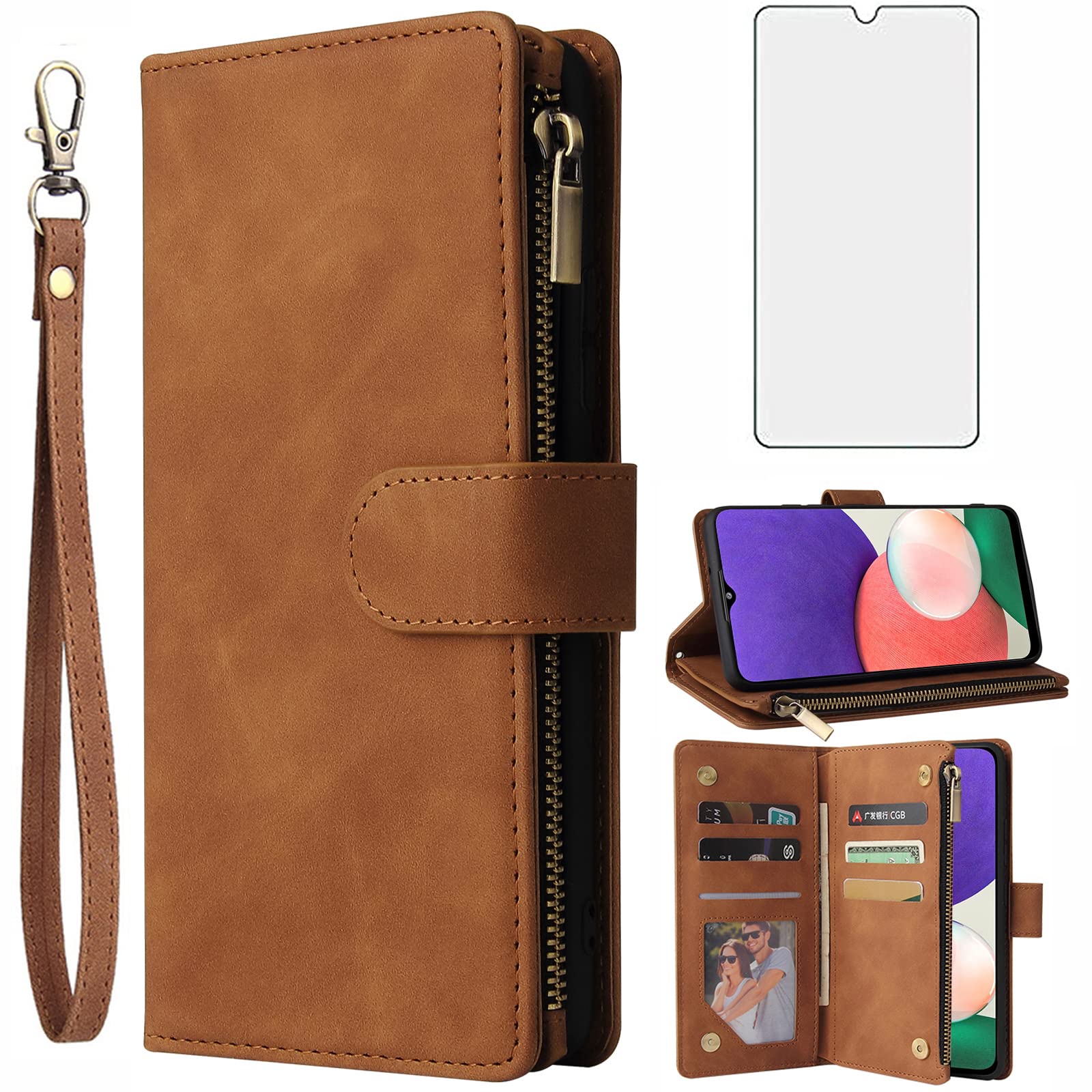 Asuwish Compatible with Samsung Galaxy A22 5G Wallet Case Tempered Glass Screen Protector and Leather Flip Cover Card Holder Stand Cell Phone Cases for Glaxay A22S A 22 Gaxaly 22A S22 Women Men Brown
