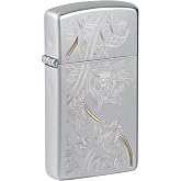 Zippo Lighter: Slim, Engraved Floral Pattern - Satin Chrome 81444