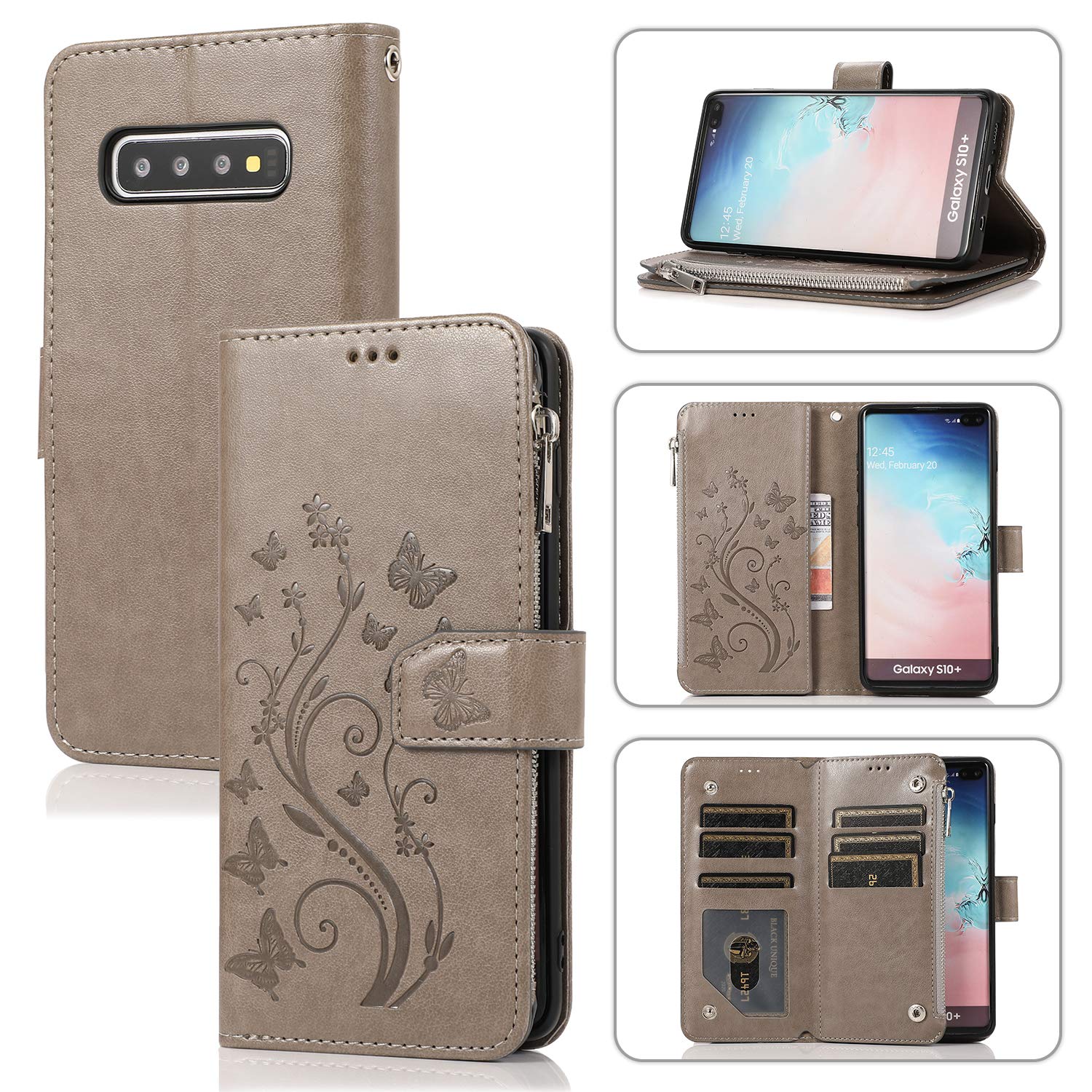 UEEBAI Wallet Case for Samsung Galaxy S10, Premium PU Leather Magnetic Closure Flower Pattern Handbag Zipper Pocket Case Kickstand Card Holder Slots Shockproof Flip Cover for Galaxy S10 - Grey