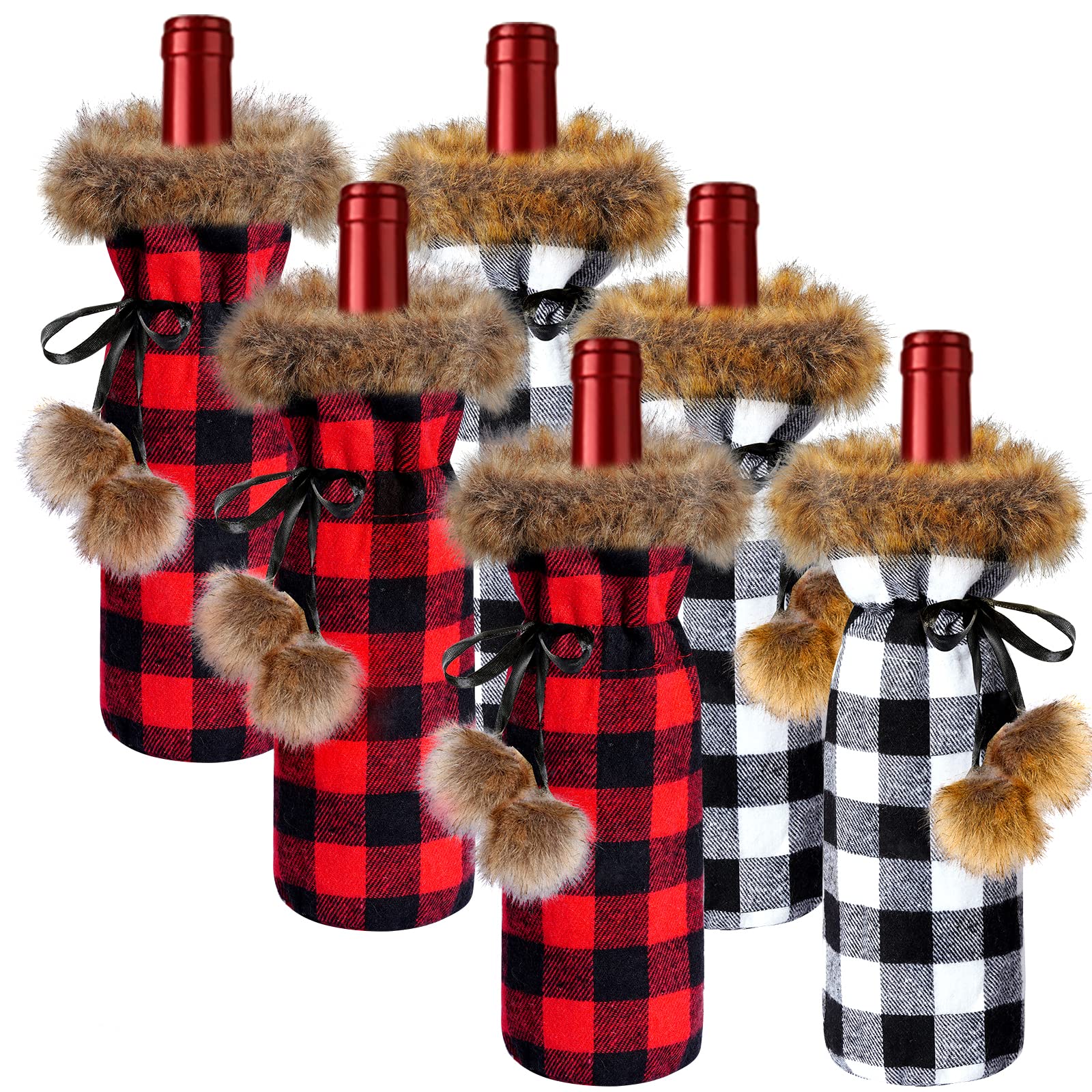 Photo 1 of Jmkcoz 6 Pack Christmas Buffalo Plaid Wine Bottle Cover Plaid Sweater Wine Bottle Holder Faux Fur Wine Bottle Pouch Bags for Xmas Dinner Party Decorations (Red, Gray)