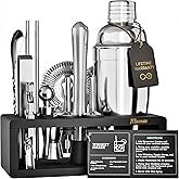 Mixology Bartender Kit with Stand - 15 Piece Bar Tool Set, Silver Bar Set Cocktail Shaker Set for Drink Mixing - Includes Martini Shaker, Jigger, Strainer, Bar Mixer Spoon, Tongs, Opener | Gift Idea