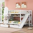 SIYSNKSI Full-Over-Full Castle Style Bunk Bed with 2 Drawers and 3 Shelves, Wood Bunk Bed Frame with Slide and Storage Staircase for Kids Teens Boys Girls, Maximize Space Savings (White +Full-3)
