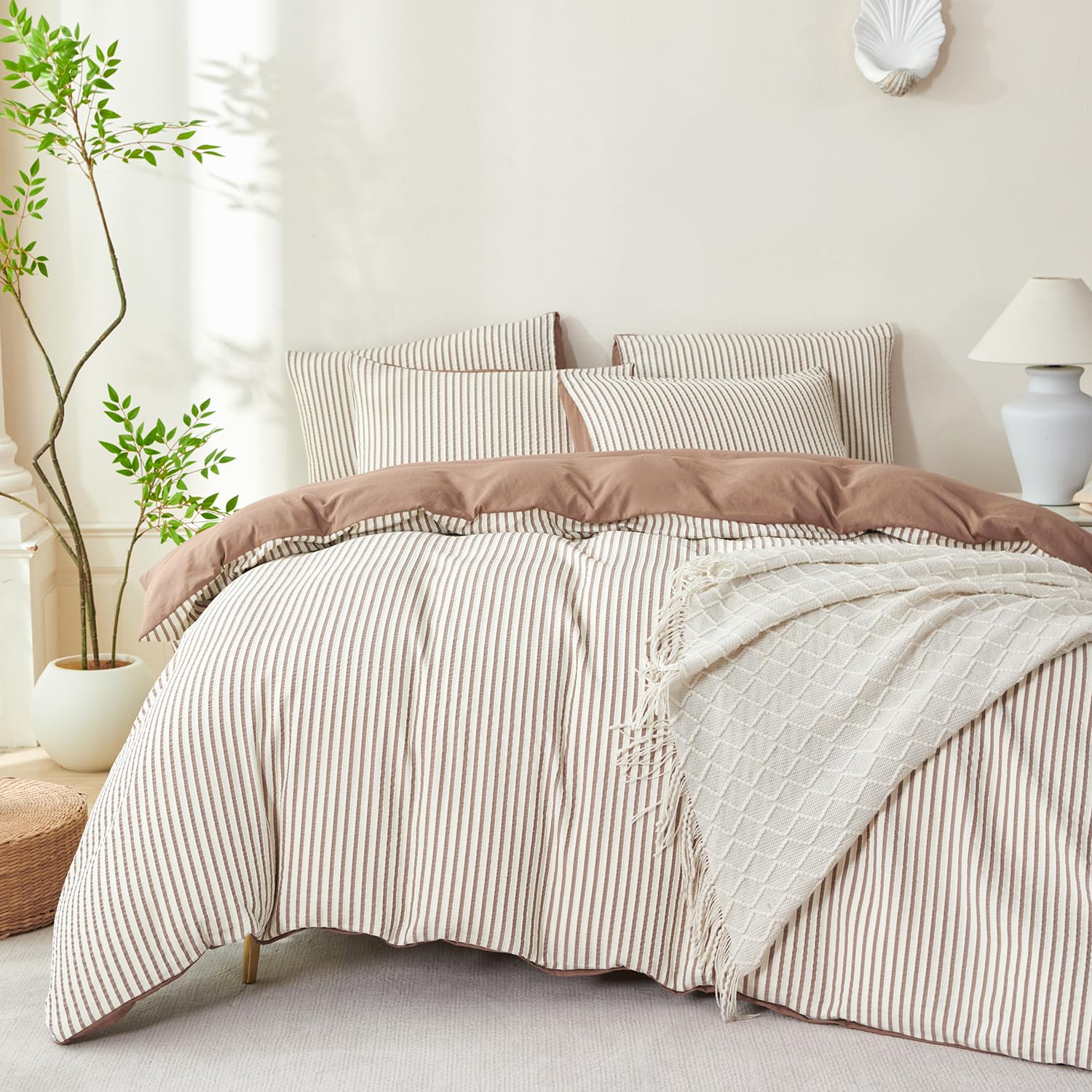 Photo 1 of BUPIRD Mocha Brown Comforter Set King Striped Soft Washed Microfiber Jacquard 3 Pieces Striped Bedding Sets Mocha Brown White Comforter for All Seasons and 2 Pillowcases Comfort Breathable