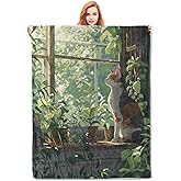 VANZEV Calico Cat and House Plants Blanket, Cute Cat Flannel Throw Blankets,Soft Warm Lightweight Cozy Animal Kitten Plush Throws for Bedroom Sofa Office Home Decor Gifts for Women Girls 60"x50"