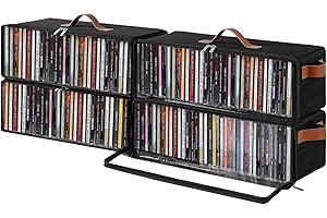 Beveetio Clear Front CD Storage Box 4 Pack, Dustproof Zippered CD Case Holder with Top & Side Handles, Stores 140+ Discs Total, See All Disc Titles at a Glance, 15.75 x 6.1 x 5.3in, Black