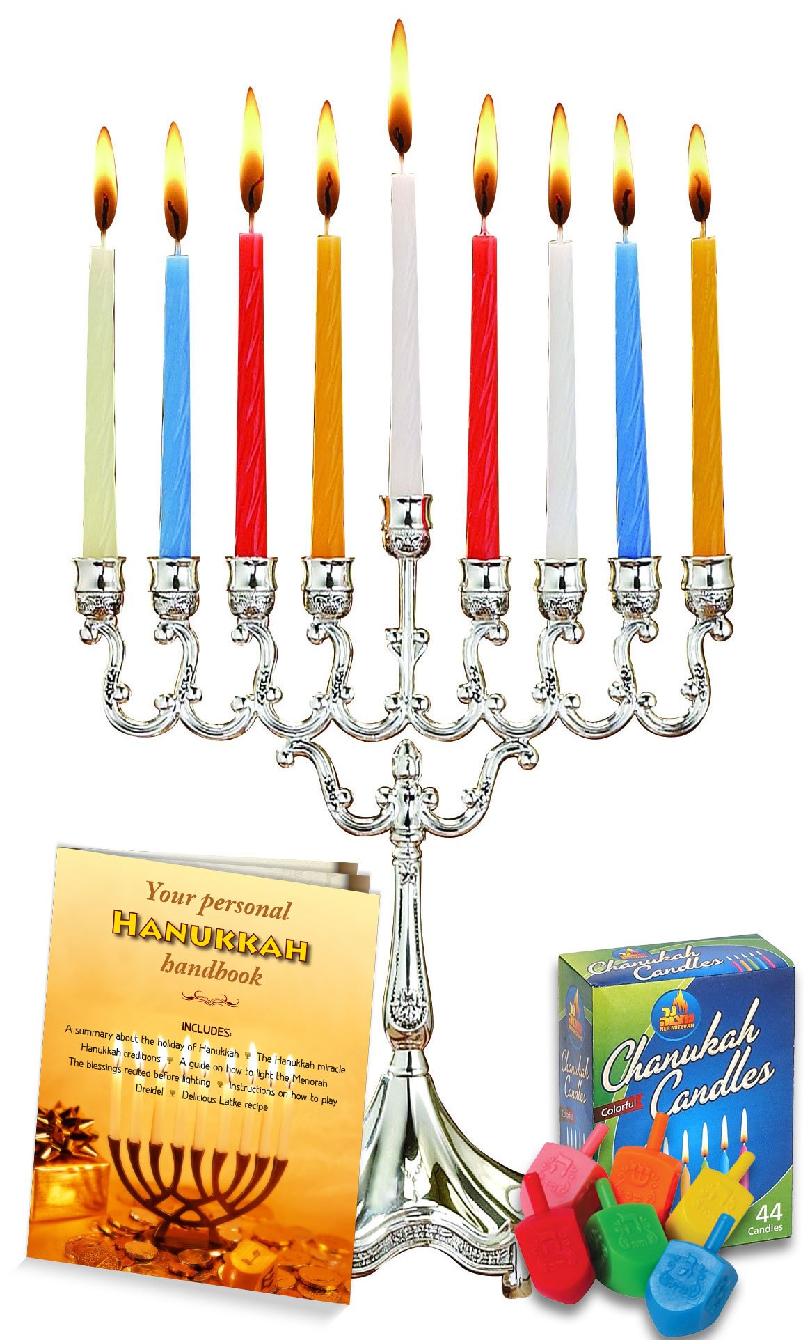 JEWISH SILVER Hanukkah Menorah Set Candles Dreidels Candle Magic Stic F