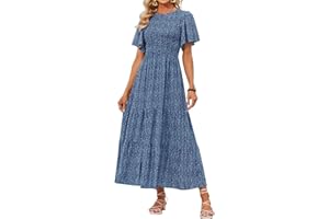 ZESICA Women's 2025 Summer Casual Floral Print Short Flutter Sleeve Crew Neck Smocked High Waist Flowy Maxi Dress