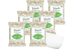 Veeda 100% Natural Cotton PH Balanced Hypoallergenic Feminine Wet Wipes, Safe Cleansing Cloths for Sensitive Skin, Unscented, 20 Count (Pack of 6)