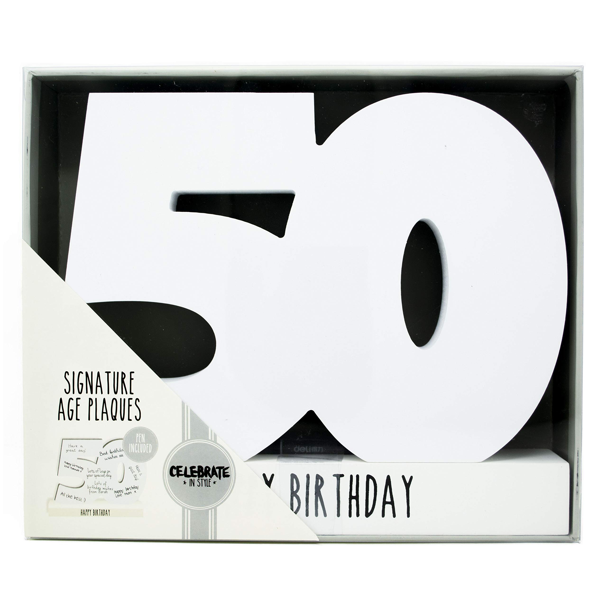 HOX Collection Celebrate in Style White Wooden 50th Birthday Signature Age Plaque with Black Marker Pen Freestanding White Wrapped Numbers to Sign Perfect Personalised Gift for Birthdays