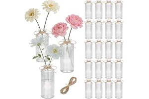 Glass Bud Vases Set of 20, Clear Small Flower Vases Bulk with Twines Ropes, Mini Ribbed Vase for Centerpieces, Decorative Gla
