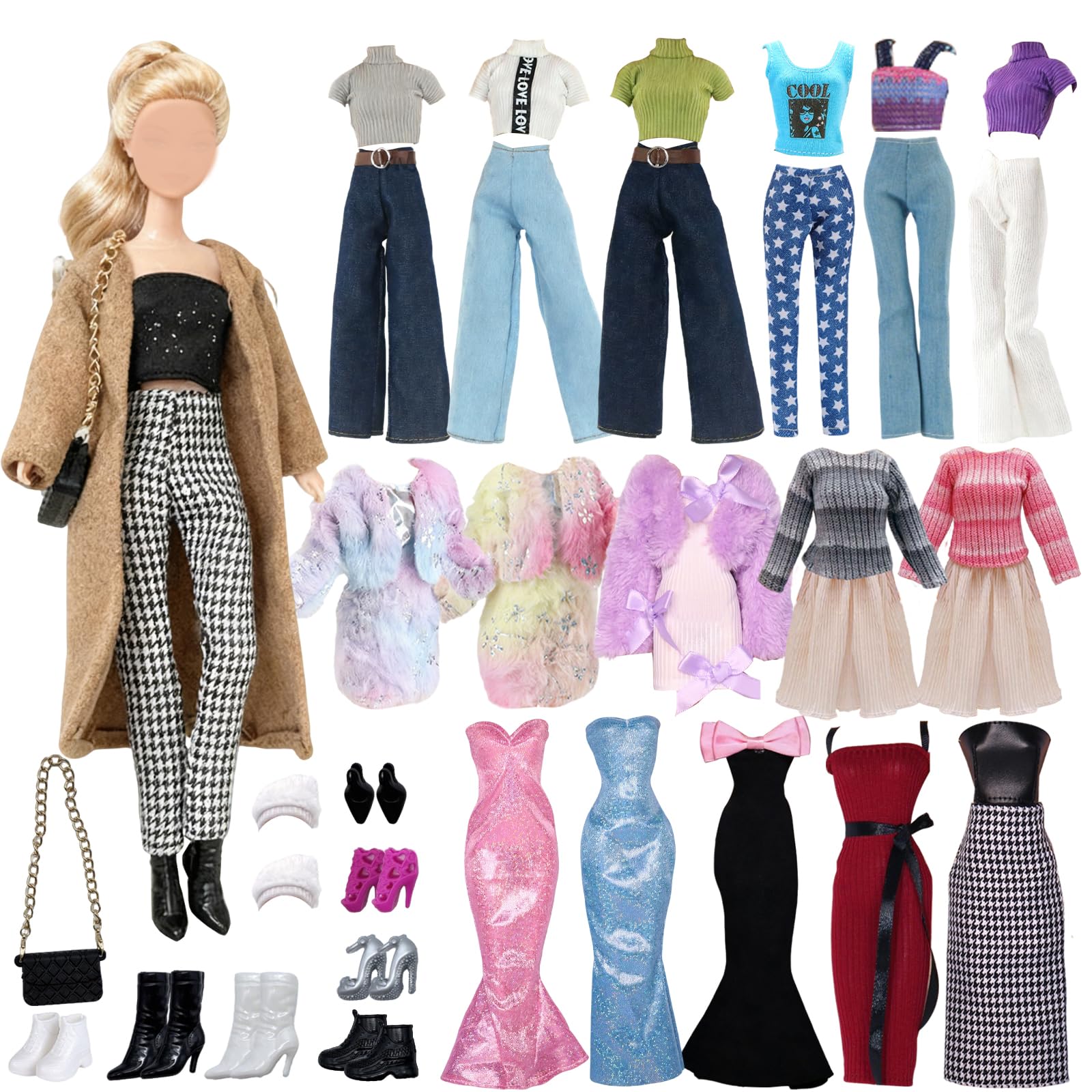 21Pcs Winter Doll Clothes Accessories Set, Houndstooth Pants & Brown Coat, Plush Winter Dress, Knit Sweater Dress, Bow Mermaid Dress, Shoes & Bag Accessories, 11.5 inch Doll Dress Up Gift for Girls