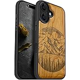 Carveit Magnetic Wooden Case for iPhone 16 Case, Wood Artisan Engraved & Black Soft TPU Shockproof Cover, Compatible with MagSafe Wireless Chargers (Alpine Lakes) Cherry