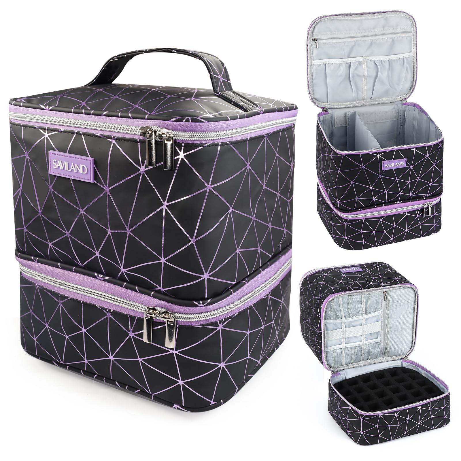SAVILAND Nail Polish Organizer Bag: PU Leather Nail Kit Organizer Holds 30 Bottles & Nail Lamp, Black Nail Supply Organizer Nail Polish Carrying Case Gel Nail Organizers and Storage Box for Nail Tech