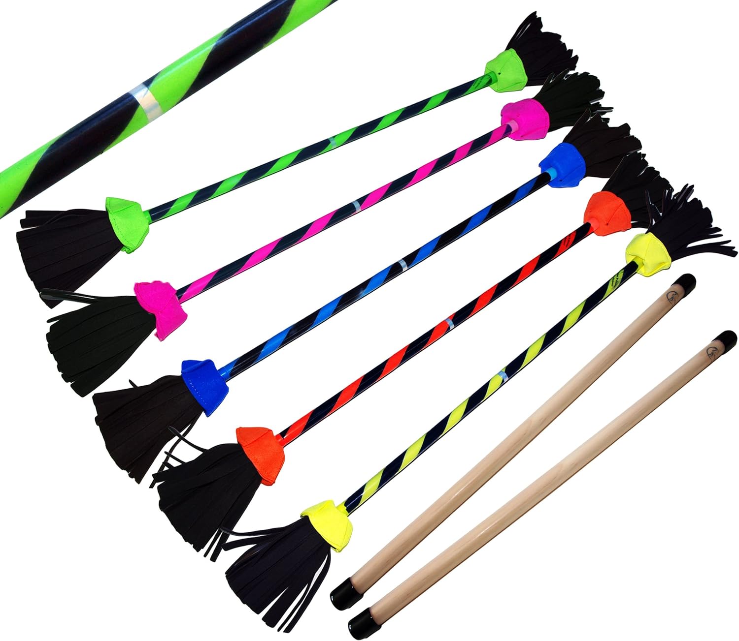 FLASH Pro Flowerstick Set (5 Farben) Silikon beschichtet Flower & Handstäbe! Suprime Qualität, Fiberglasstock, Silicone Grip, Wildlederfransen, strap. Flames N Games Devilsticks für Anfänger und Profis. (Grun)