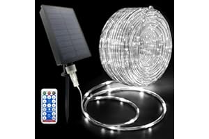 GLPE Solar Rope Lights Outdoor Waterproof LED, 66ft 200 LEDs Cold White String Lights,8 Lighting Modes Tube Lights with Remote for Christmas Garden Swimming Pool Trampoline