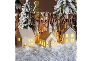 GOLDMEET Christmas Village Set, White Ceramic Houses with Trees, 5-Piece Lighted Snowy Cottage Decor Figurines for Home, Tabletop, Mantel, Shelf, Winter Holiday Display