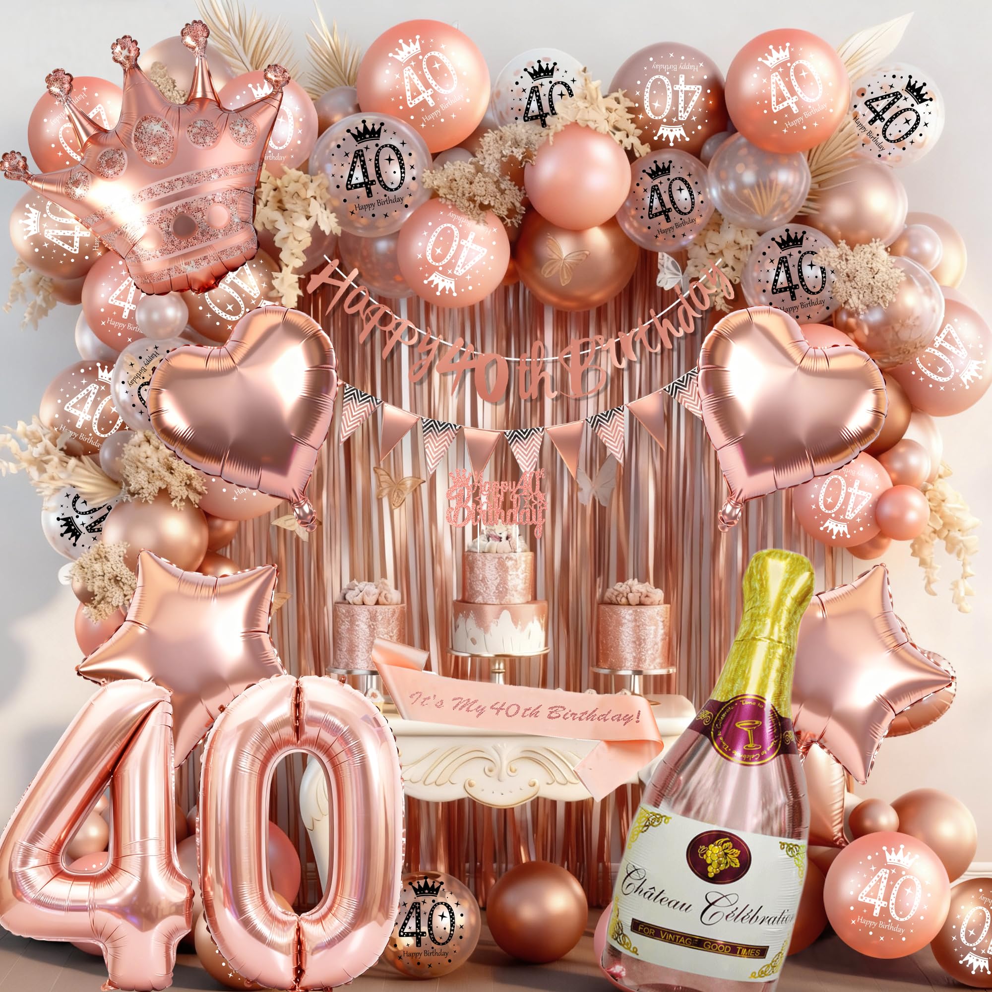 Rose Gold 40th Birthday Decoration for Women - Happy 40th Birthday Banner, Triangle Flag Banner, Number 40 Balloons, Foil Curtains for Party Decorations