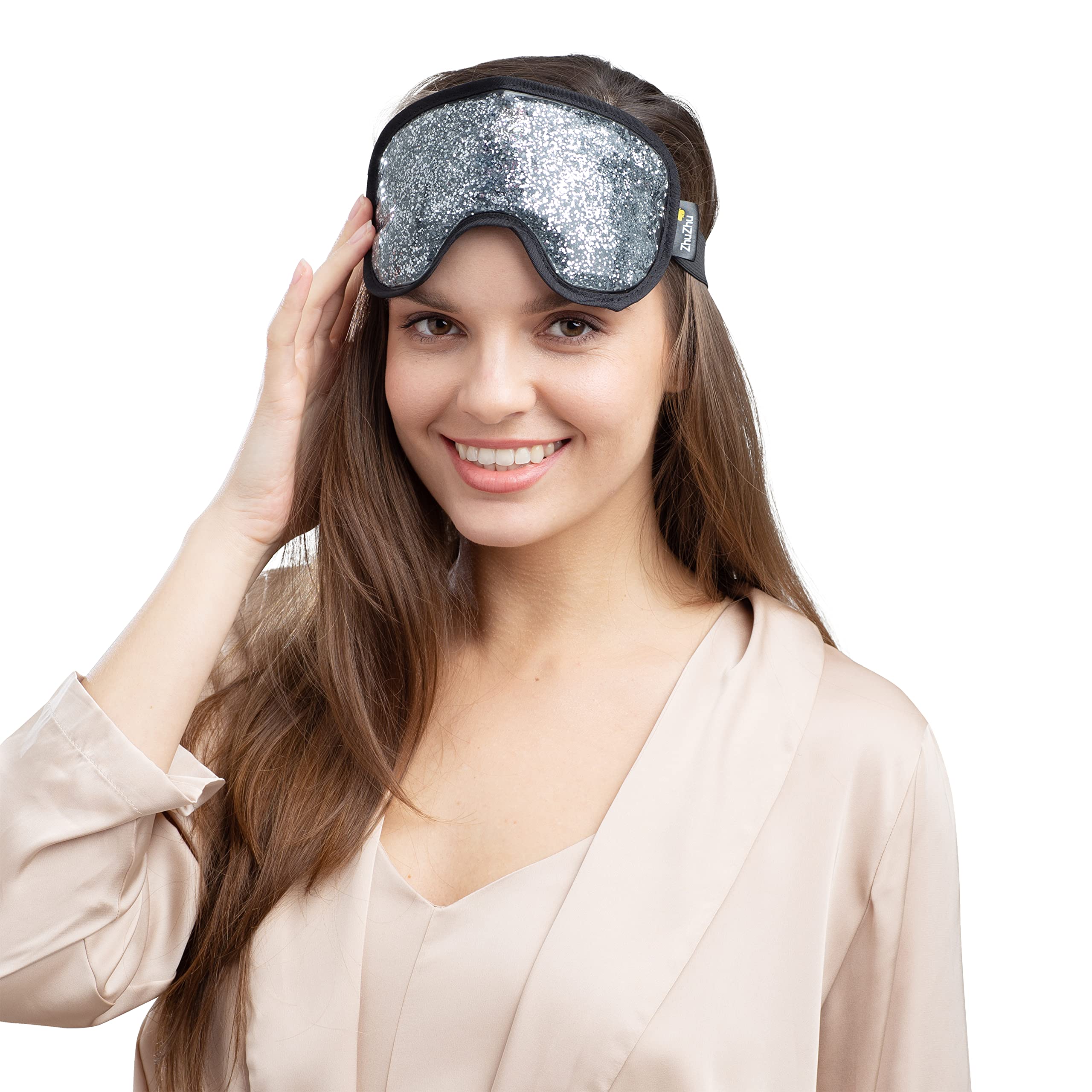 Zhu-Zhu Glitter Gel Hot & Cold Eye Mask - Therapeutic Soothing Relief for Migraines, Sinus Pain, Tension Headaches, Allergies, Puffy and Tired Eyes - Silver
