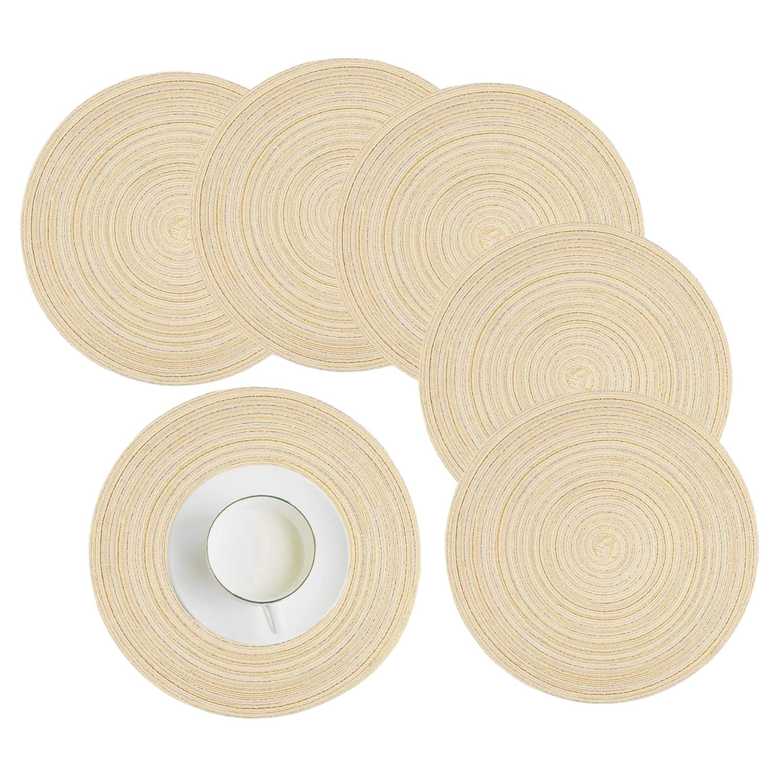 HEYOMART Place Mat, Round Woven Placemats Set of 6 Heat-resistant Non-slip Washable Braided Cotton Dinner Table Mats for Dining, Kitchen Table 38cm (Beige) — image 1