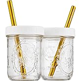 Reusable Wide Mouth Smoothie Cups for Boba Tea/Bubble Tea with Lids and Gold Straws, Mason Jars Glass Cups (2-pack, 16 oz) Brand Capsule Classic