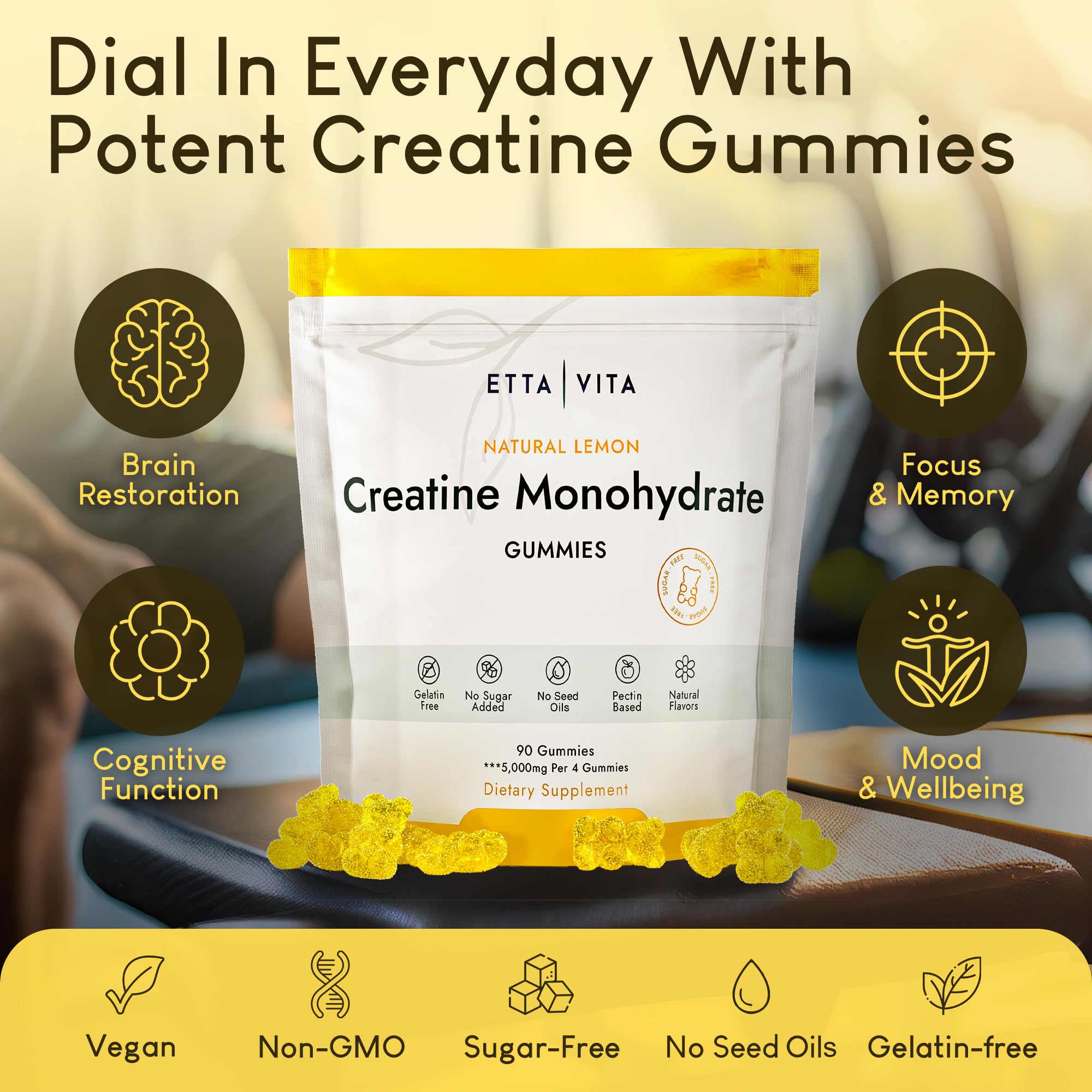 Sugar-Free Creatine Monohydrate Gummies 5gram per Serving, Potent Creatine Gummies for Men & Women, Supplement for Muscle Support, Cellular Energy & Cognitive Function, Gluten-Free