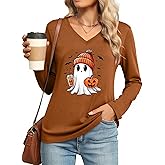 QAUN Halloween Shirt Women: Halloween Ghost Vneck Tshirts Fall Tees Skeleton T Shirt Witch Long Sleeve Tops