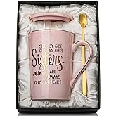 Sister Gifts - Sister Birthday Gifts from Brother Sisters Valentines Galentines Day Gifts for Sisters, 14Oz Pink Marble Ceramic Coffee Cup with Gold Print Coffee Mug with Spoon Lid Card Nice Box