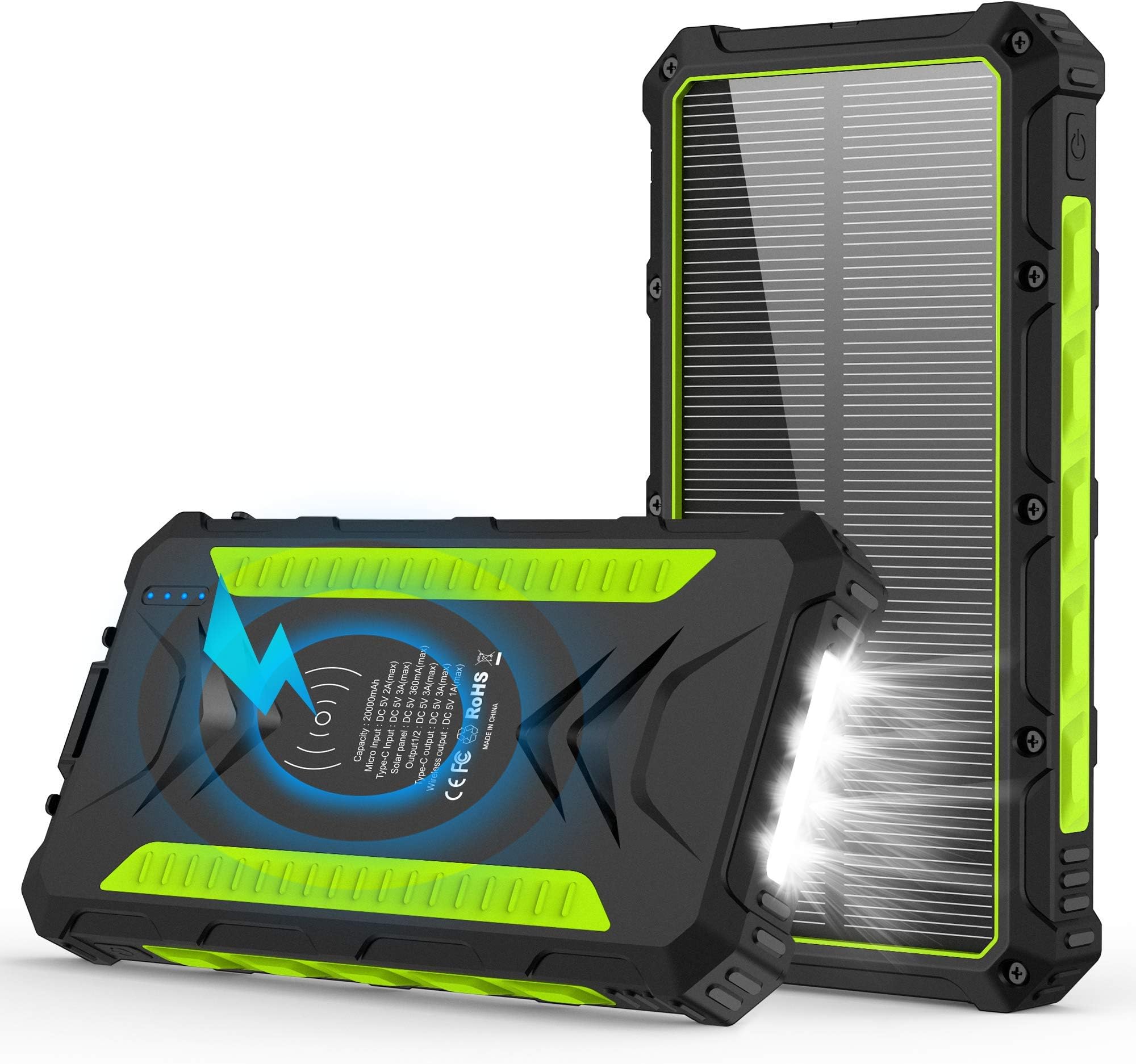 Solar Charger, 20000mAh Qi Wireless Power Bank, Emergency Wireless Portable Charger with 3 Outputs High-Speed 5V/3A & 4 LED Flashlight Camping Outdoor IP54 Rainproof Quick Charge for iPhone Android