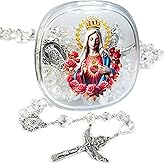 PLONKLY Rosary Necklace for Women - Catholic Crystal Beads with Virgin Mary Medal & Acrylic Gift Box