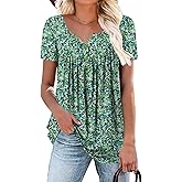 Mystry Zone Womens Henley V Neck Casual Blouse Button Down T Shirts Flare and Flowy Tops