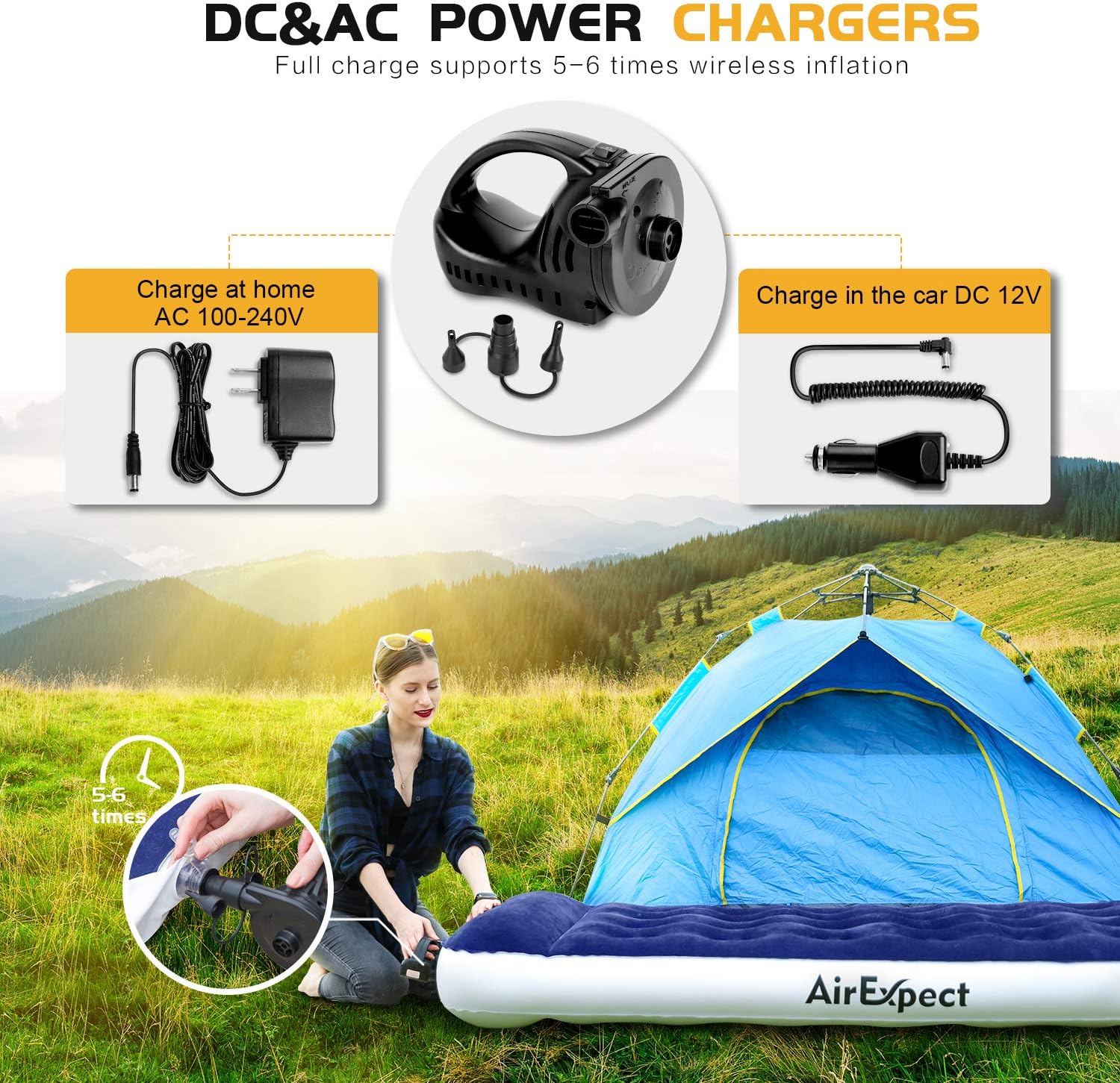 AirExpect Air Mattress Camping AirBed Queen & Twin Size Leak Proof Inflatable Mattress with Rechargeable Electric Pump Built-in Pillow for Guest, Camping, Hiking, Height 9", Storage Bag : Sports & Outdoors