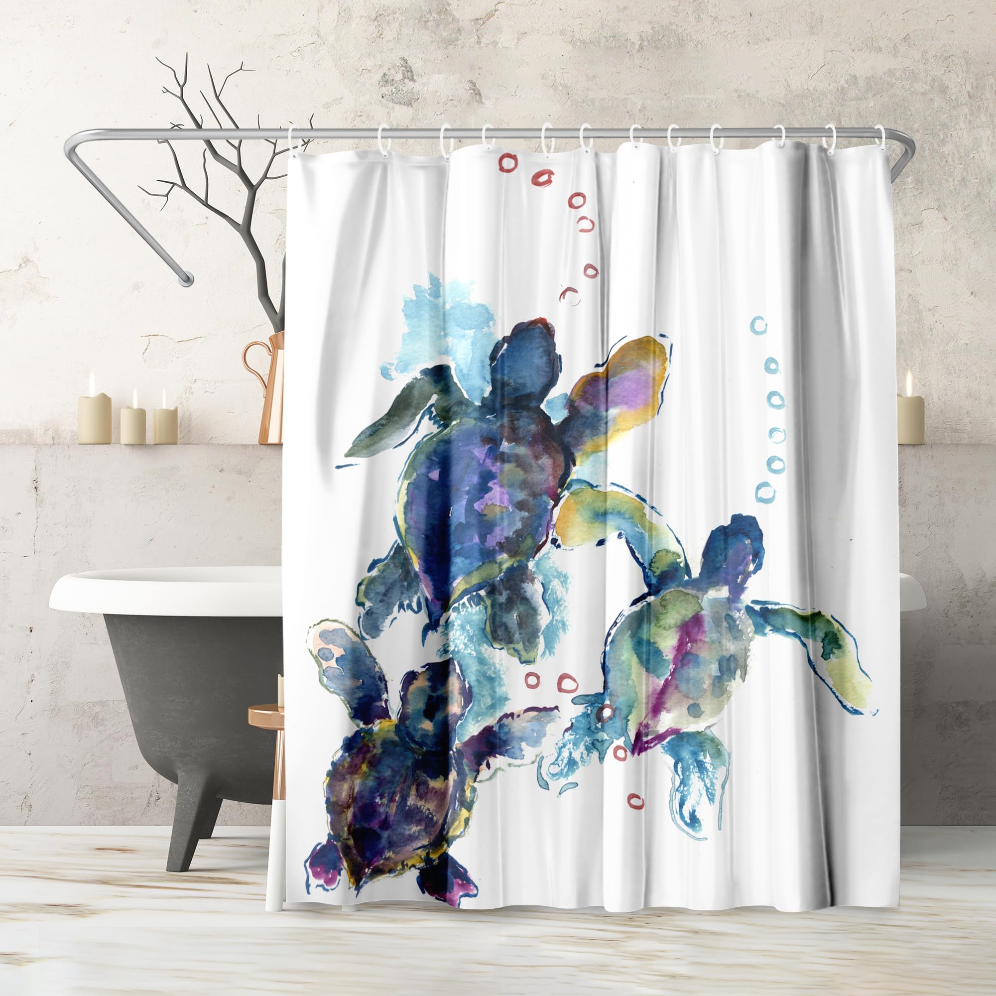 Americanflat 71×74 Sea Turtle Shower Curtain – Water-Resistant Long Shower Curtain with Durable Metal Grommets and 12 Hooks – 100% Polyester – Blue, Purple, Green and White