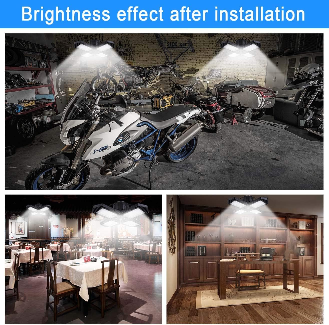 LED Garage Lights, 2 Pack 60W E26 Screw in 6000LM Deformable Led Garage Lights 6500K, 110V LED Basement Lights Tribright Led Adjustable Light Full Area for Garage Warehouse Workshop Shop (2-Pack) - - 
