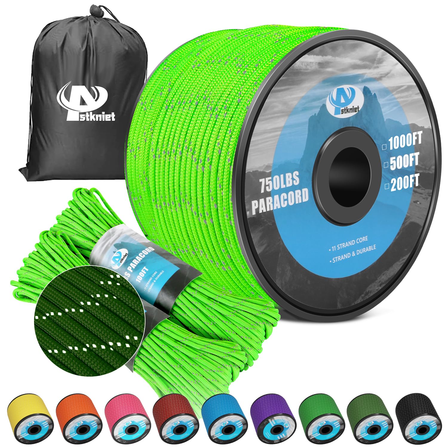 750Ib Reflective Paracord Rope,200',4mm 11 Strand