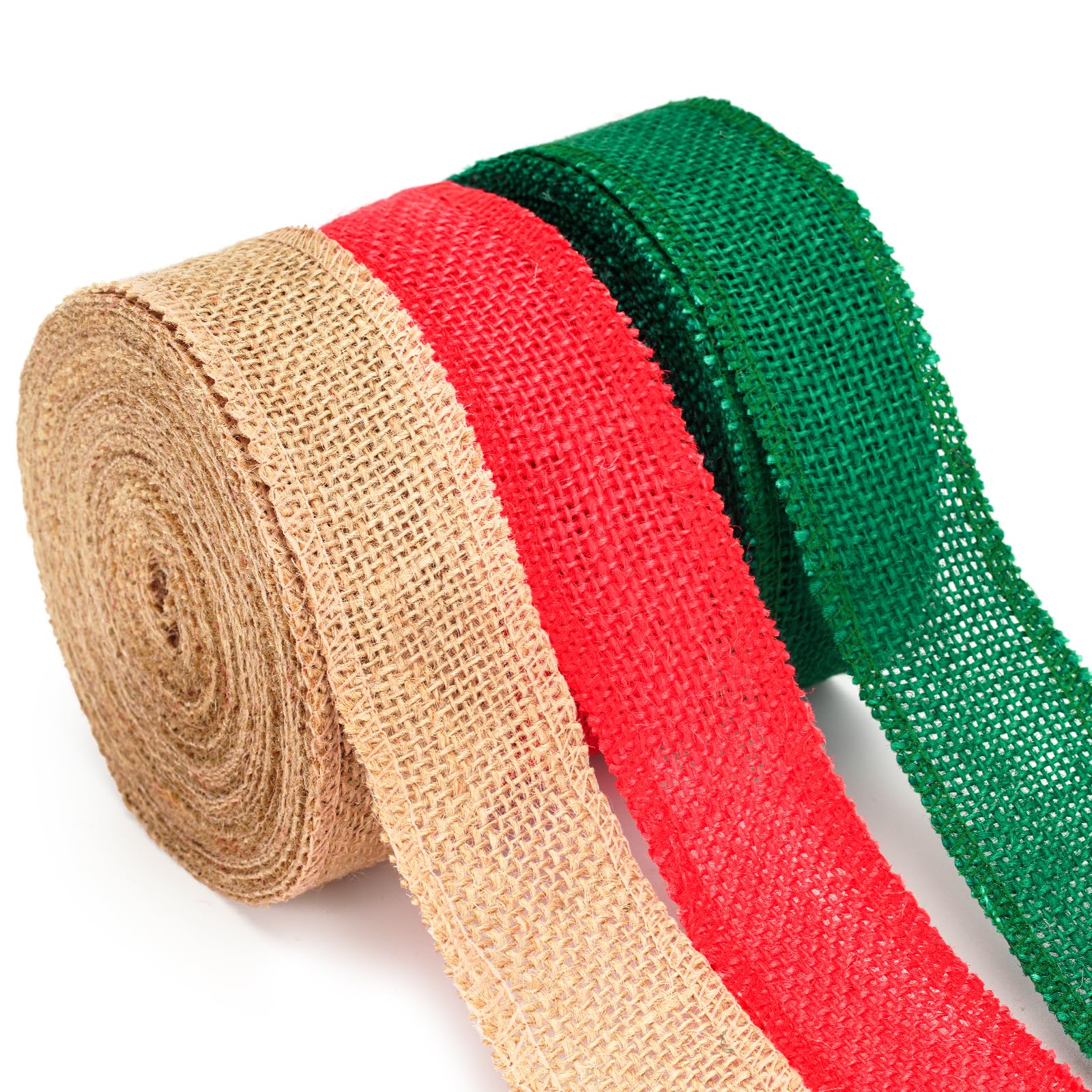 KINGLAKE Hessian Jute Ribbon, 4cm Burlap Ribbon Roll, 30m Natural + Red Green Brown, Multi-purpose Occasion, Rustic Style, Ideal for Gift Wrapping, Crafting, Decorating, Floristry