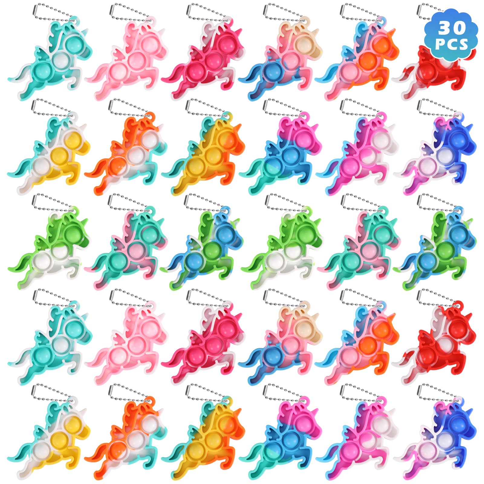 PICcircuit Kids Fidget Toys Bulk 30 Pack Mini Pop Fidget Keychain, Unicorn Keychains, Birthday Party Favors, Small Classroom Prizes