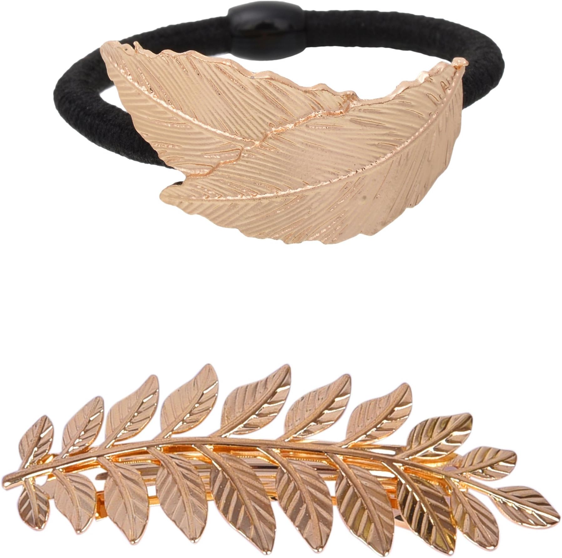Aaishwarya Golden Leaf Motif Hair Tie & Hair Clip Combo for Women & Girls