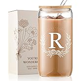 Personalized Gifts for Women, Monogrammed 16oz Glass Cups with Bamboo Lids and Straws, Customized Glass Tumbler, Cute Custom Mug, Customizable Initial Iced Coffee Glasses, Birthday Bridesmaid Mom, R