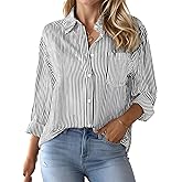 Am Direct Womens Button Down Shirts Striped Classic Collared Office Work Blouses Tops with Pocket