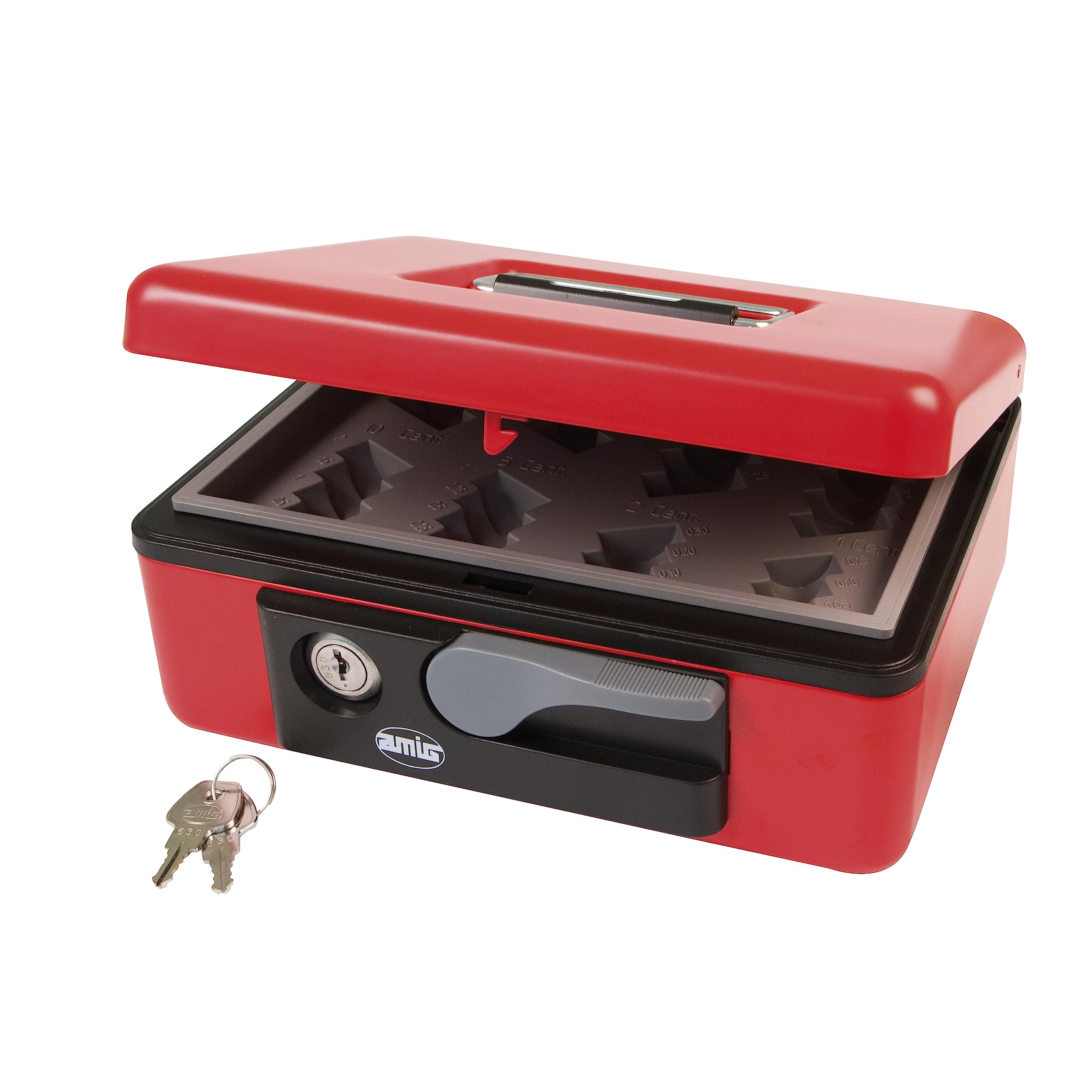 Amig - Steel Security Cash Box | with Coin Tray and Key | Automatic Handle | Compact and Versatile | Colour Red, 197 x 154 x 80 mm