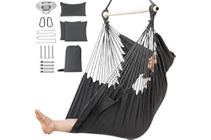 PNAEUT Hammock Chair XXL Size, Hanging Chair, Swing Chair, Max 550 Lbs, Patented Headrest, 2 Cushions, Large Size with Pocket, Steel Spreader Bar, Hardware Kits and Bag for Indoor Outdoor (Dark Gray)