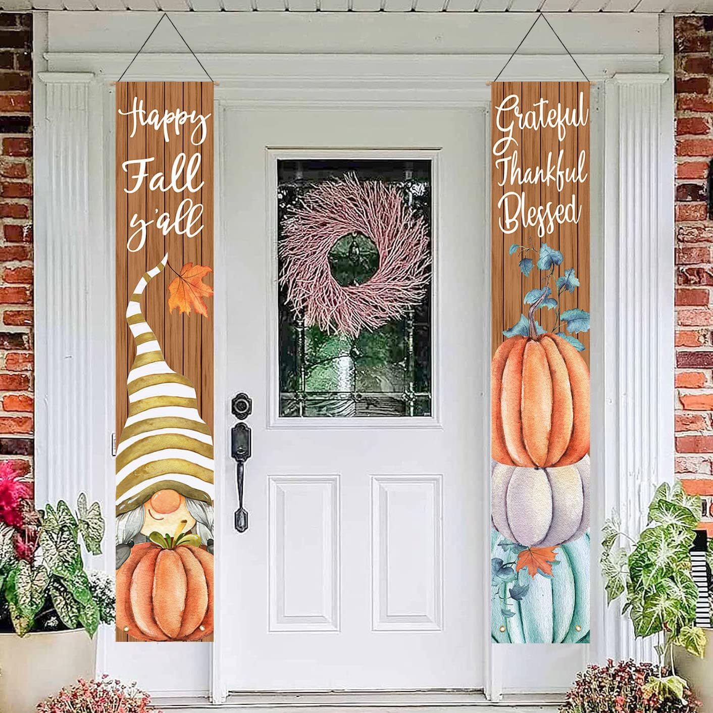 Flags - ORTIGIA Fall Thanksgiving Pumpkin Gnome Porch Sign Happy Fall Yall Banner for Front White Door Grateful Thankful Blessed Hanging Flag Vintage Farmhouse Seasonal Wall Decor Indoor Outdoor Party Supplies