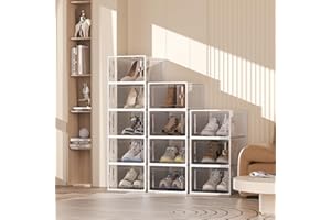 Shoe Storage Boxes (12 Pack) - X-Large Clear Plastic Stackable Shoe Organizers with Easy-Access Front Door & Secure Magnetic 