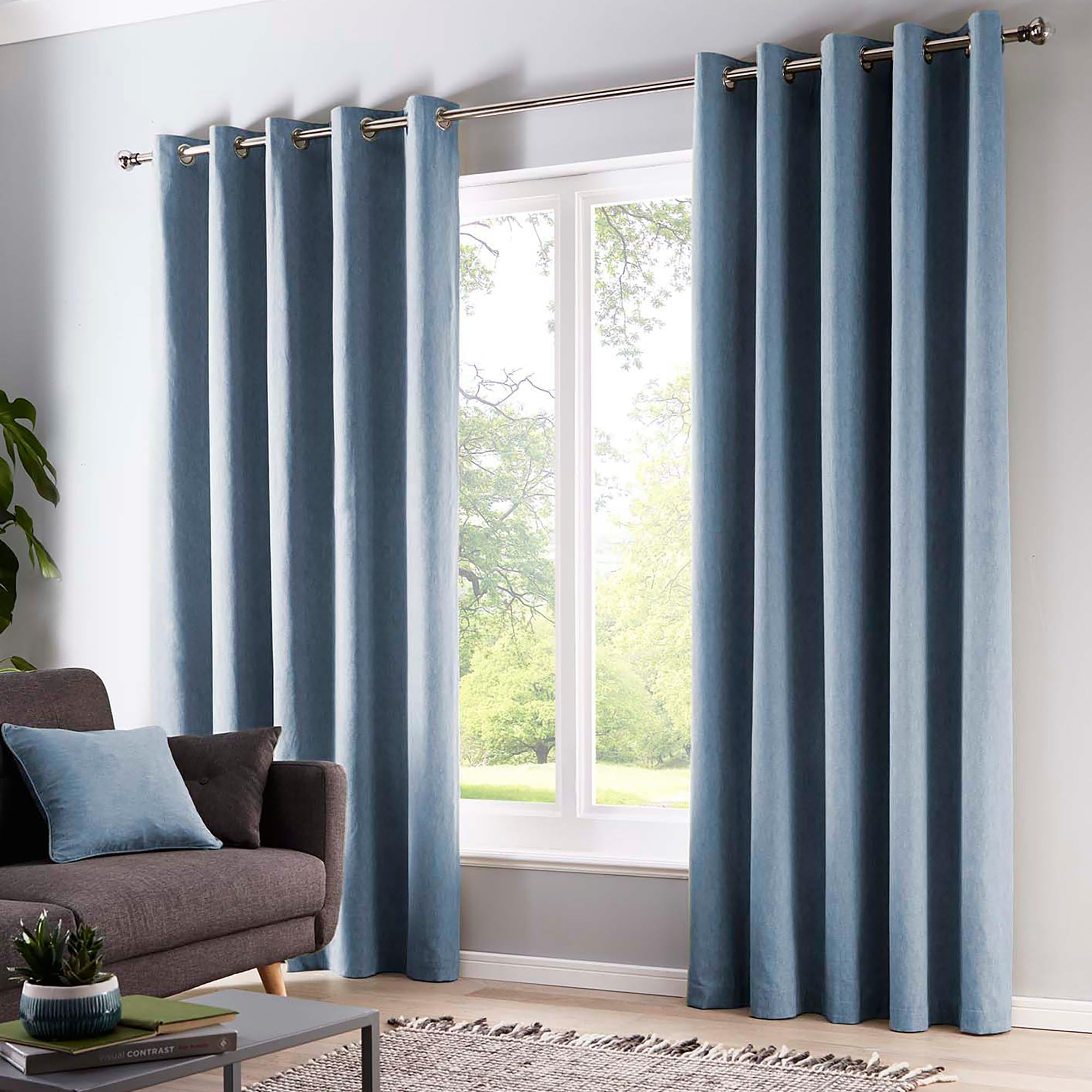 Fusion Sorbonne Eyelet Curtains – Light Sky Blue Cotton Drapes – 117 x 137cm (46" x 54") – Fully Lined Window Curtains for Bedroom & Living Room – Soft Blue Door Curtain – Pair