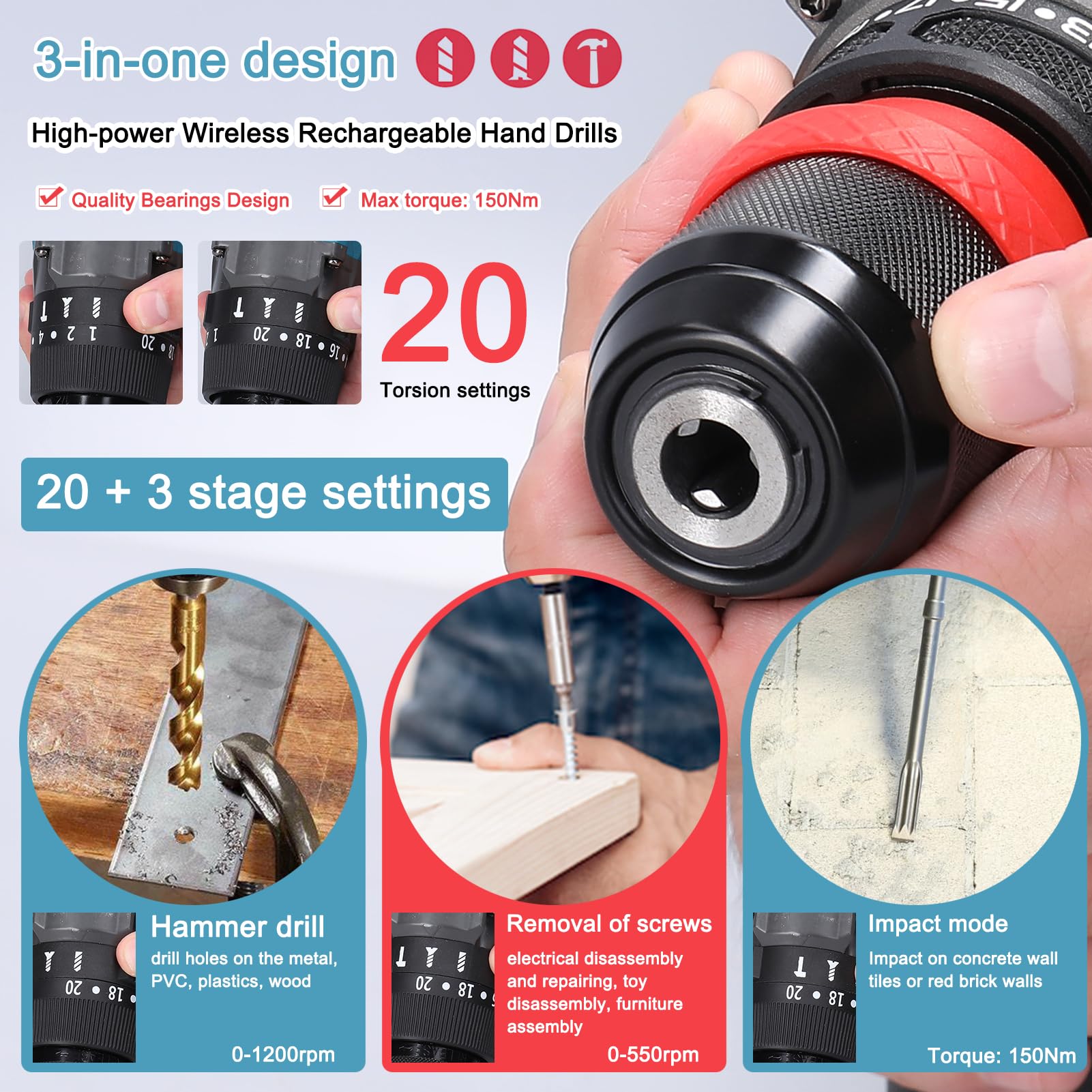 Hand Drill, 0.5 inch (13 mm) High Torque Multifunctional Electric Cordless Drill High Power Rechargeable Hand Drill Brushless Motor Household DIY Power Tools