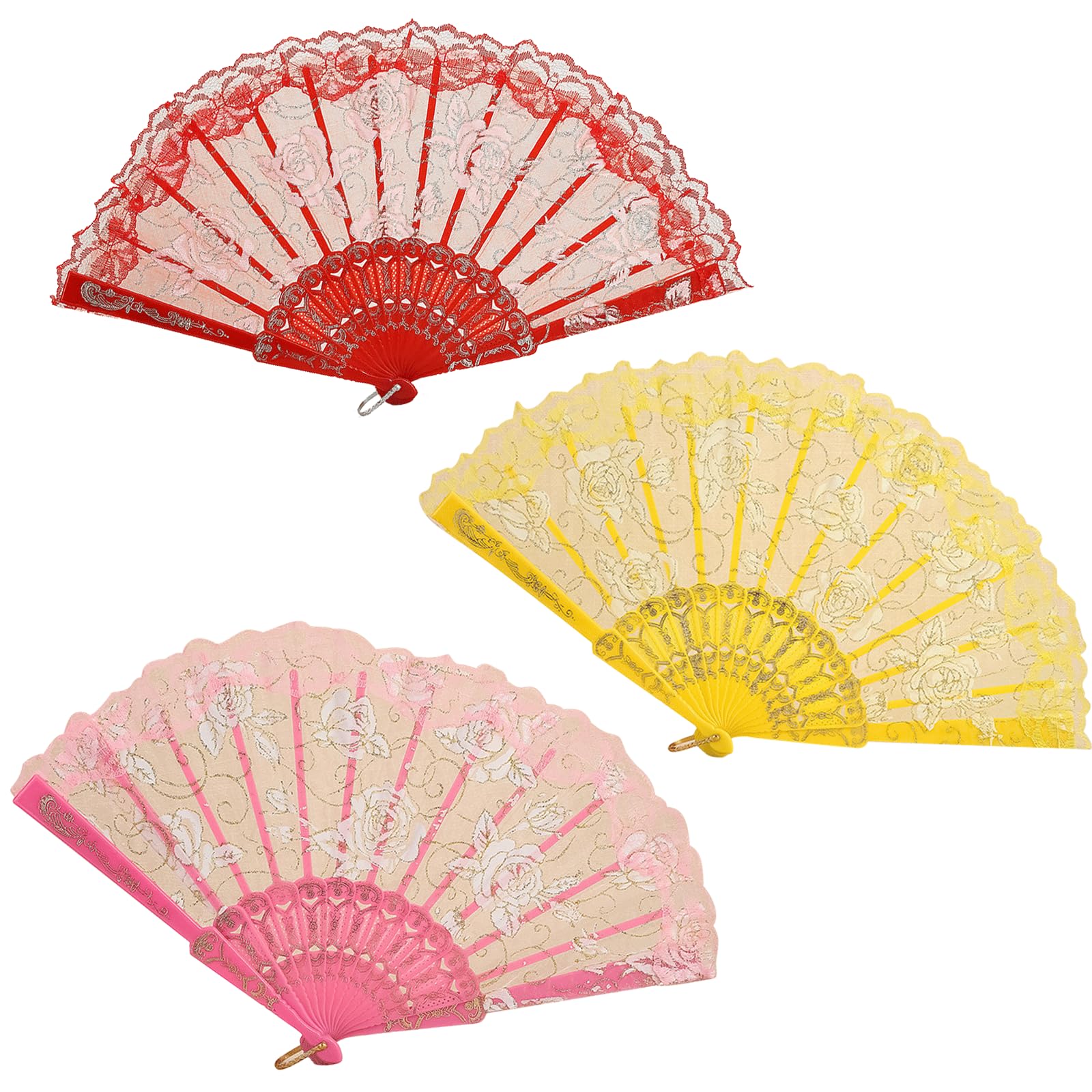 CavspkArt 3 Pcs Lace Hand Fan,Rose Pattern Folding Fans Women,Wedding Bride Hand Fan,Vintage Chinese Lace handheld Fans for Wedding,Gifts,Party Decorations (B)