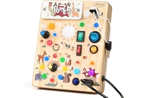 Joyreal Wooden Busy Board with LED Light, Montessori Toddler Toys, Wooden Sensory Board, Toddlers Activity Travel Toys for Boy & Girl Birthday Gift (Forest Theme)